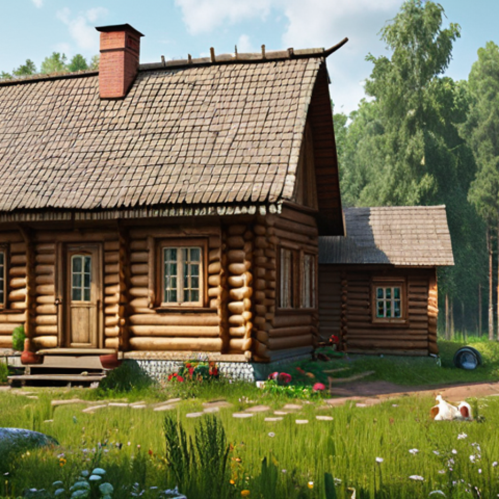 **Image Prompt:** Cozy eco-estate in the Tver region, showcasing rural tourism activities. Include elements of nature, possibly volunteers working, and a welcoming atmosphere, inspired by the "Derevenskiy Shik" blog. Focus on capturing the essence of a Russian countryside retreat.