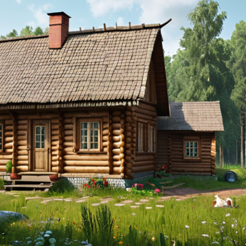 Home 11 **Image Prompt:** Cozy eco-estate in the Tver region, showcasing rural tourism activities. Include elements of nature, possibly volunteers working, and a welcoming atmosphere, inspired by the "Derevenskiy Shik" blog. Focus on capturing the essence of a Russian countryside retreat.