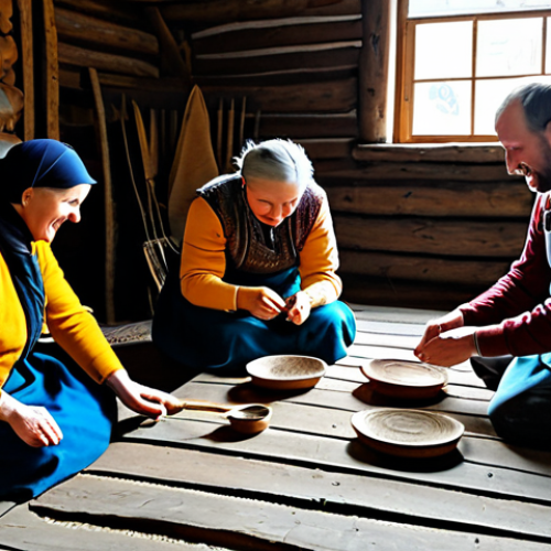 Home 6 A group of diverse, happy tourists, fully clothed in modest, comfortable attire, actively participating in a traditional Russian bast shoe weaving workshop led by a local artisan in a rustic, well-lit village barn. The scene emphasizes hands-on engagement, with natural light streaming through windows, showcasing traditional tools and materials. The background shows glimpses of a serene Russian village landscape. The image conveys warmth, authenticity, and cultural immersion. Safe for work, appropriate content, fully clothed, family-friendly, perfect anatomy, correct proportions, natural pose, well-formed hands, proper finger count, natural body proportions, professional photography, high quality, highly detailed.
