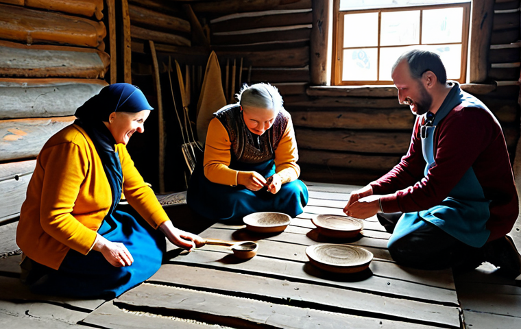 A group of diverse, happy tourists, fully clothed in modest, comfortable attire, actively participating in a traditional Russian bast shoe weaving workshop led by a local artisan in a rustic, well-lit village barn. The scene emphasizes hands-on engagement, with natural light streaming through windows, showcasing traditional tools and materials. The background shows glimpses of a serene Russian village landscape. The image conveys warmth, authenticity, and cultural immersion. Safe for work, appropriate content, fully clothed, family-friendly, perfect anatomy, correct proportions, natural pose, well-formed hands, proper finger count, natural body proportions, professional photography, high quality, highly detailed.