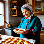 **

A cozy scene in a traditional Russian village. An elderly woman with a warm smile, wearing a *platok* (headscarf) and a traditional Russian dress (fully clothed, modest attire), is baking *pirozhki* (small baked buns) in a rustic kitchen. A samovar is steaming on the table, surrounded by wooden utensils and hand-painted dishes. Sunlight streams through the window, illuminating the scene. "Safe for work," "appropriate content," "fully clothed," "family-friendly," "professional photography," "perfect anatomy," "natural proportions," "high quality."

**