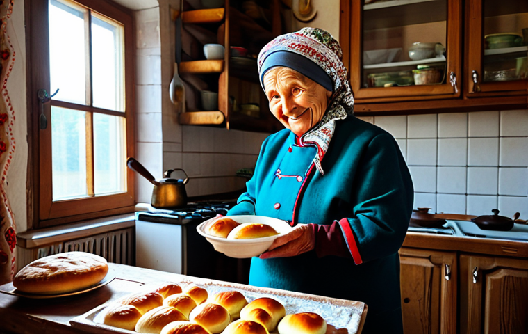 **
A cozy scene in a traditional Russian village. An elderly woman with a warm smile, wearing a *platok* (headscarf) and a traditional Russian dress (fully clothed, modest attire), is baking *pirozhki* (small baked buns) in a rustic kitchen. A samovar is steaming on the table, surrounded by wooden utensils and hand-painted dishes. Sunlight streams through the window, illuminating the scene. "Safe for work," "appropriate content," "fully clothed," "family-friendly," "professional photography," "perfect anatomy," "natural proportions," "high quality."
**