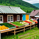 **

A vibrant farmer's market scene in the Russian countryside, overflowing with fresh produce, flowers, and local crafts. Focus on the colorful displays of fruits, vegetables, and handcrafted goods. People are browsing the stalls in appropriate attire. Background features rolling hills and traditional wooden houses.  Safe for work, appropriate content, fully clothed, professional photography, perfect anatomy, natural proportions, family-friendly.

**