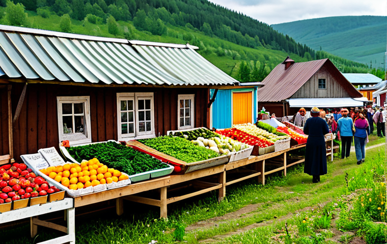 **
A vibrant farmer's market scene in the Russian countryside, overflowing with fresh produce, flowers, and local crafts. Focus on the colorful displays of fruits, vegetables, and handcrafted goods. People are browsing the stalls in appropriate attire. Background features rolling hills and traditional wooden houses. Safe for work, appropriate content, fully clothed, professional photography, perfect anatomy, natural proportions, family-friendly.
**