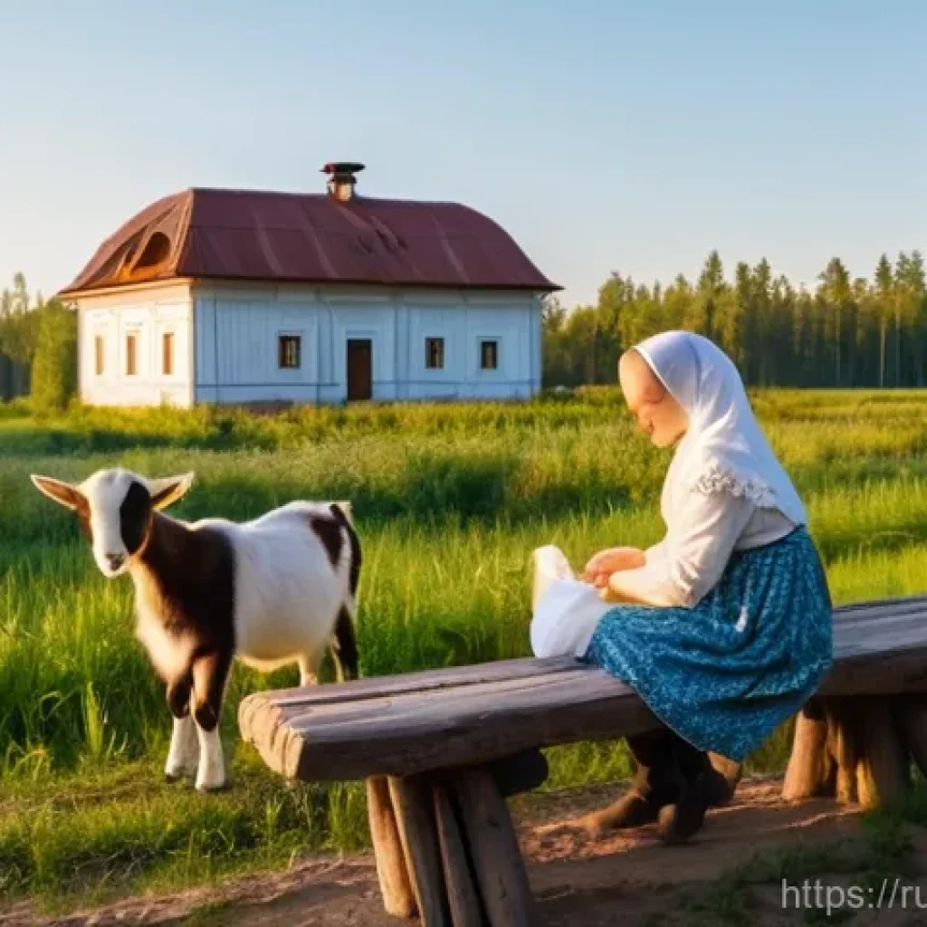농촌관광기획사 업무 흐름 - A warm and inviting scene at a traditional Russian agritourism farm in the Vologda region. An old, m...