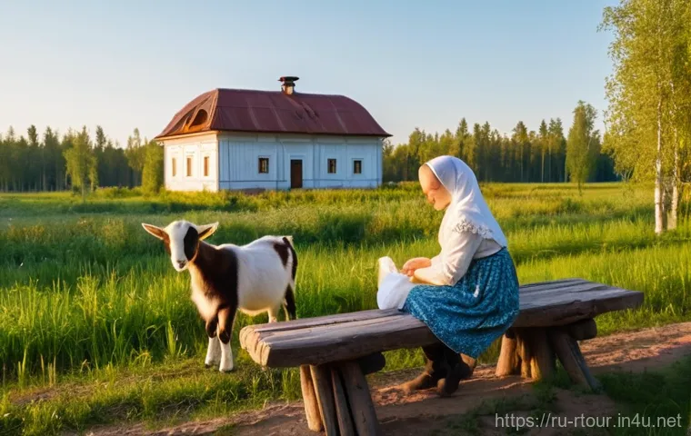 농촌관광기획사 업무 흐름 - A warm and inviting scene at a traditional Russian agritourism farm in the Vologda region. An old, m...