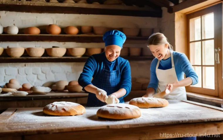 농촌관광기획사 업무 흐름 - A warm and inviting scene at a traditional Russian agritourism farm in the Vologda region. An old, m...