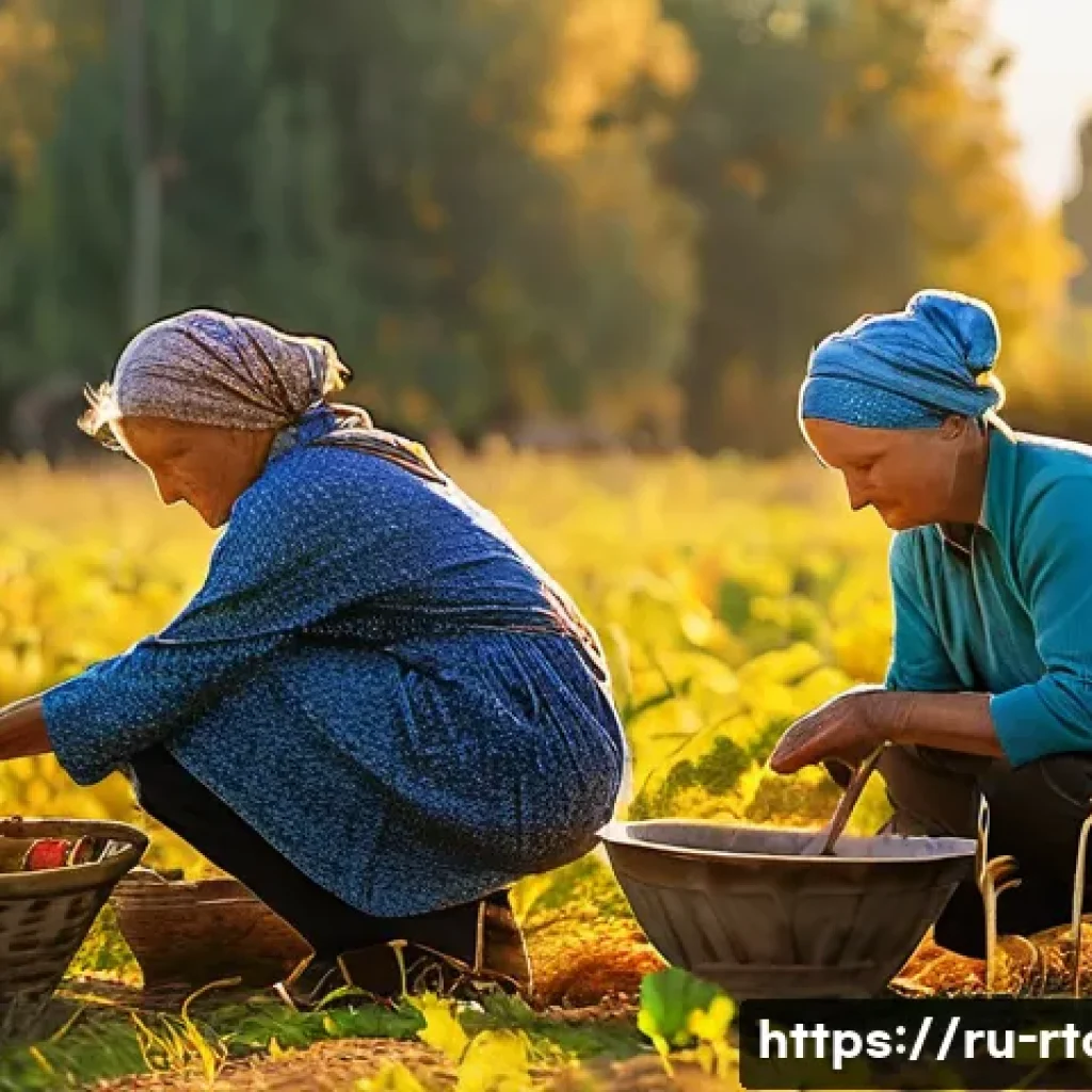 농촌관광기획사 업무에서 필요한 기술 - A vibrant rural farm scene in the Russian countryside during early autumn, featuring a diverse group...