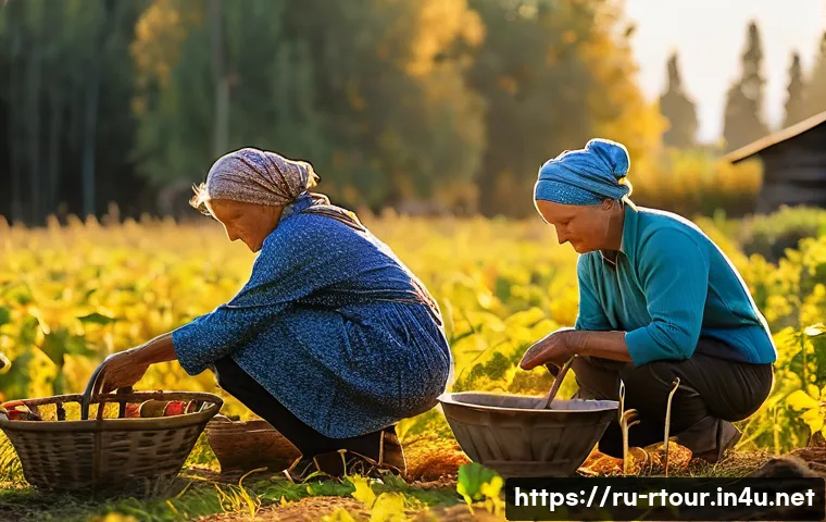 농촌관광기획사 업무에서 필요한 기술 - A vibrant rural farm scene in the Russian countryside during early autumn, featuring a diverse group...