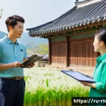 Home 21 농촌관광기획사 자격 취득 후 직무 변화 - A professional rural tourism specialist, wearing practical yet neat clothing including a branded pol...