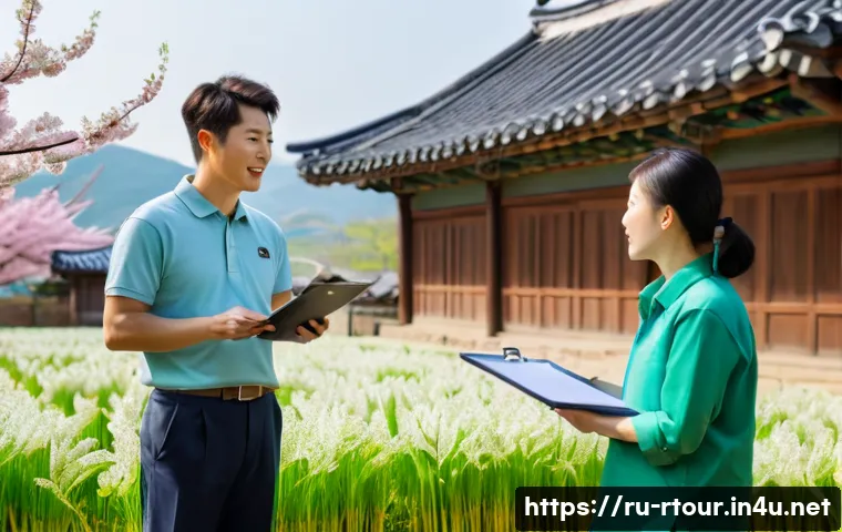 농촌관광기획사 자격 취득 후 직무 변화 - A professional rural tourism specialist, wearing practical yet neat clothing including a branded pol...