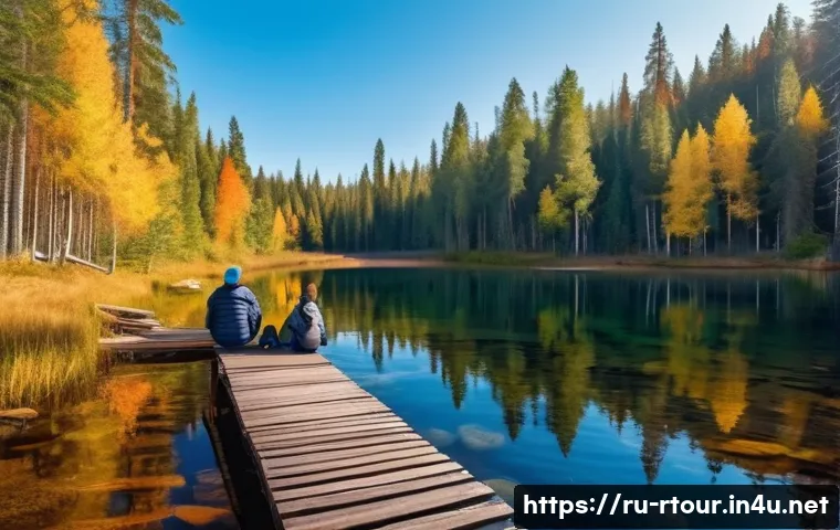 농촌관광기획사 직무 수행 비법 - A serene hidden lake surrounded by dense Russian taiga forest in early autumn, crystal-clear water r...
