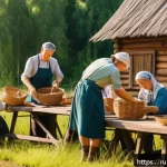 Home 23 농촌관광기획사 역할과 책임 - A warm, rustic farm workshop scene in the Russian countryside during summer, featuring a diverse gro...