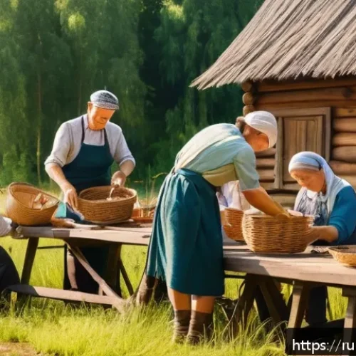 Home 17 농촌관광기획사 역할과 책임 - A warm, rustic farm workshop scene in the Russian countryside during summer, featuring a diverse gro...