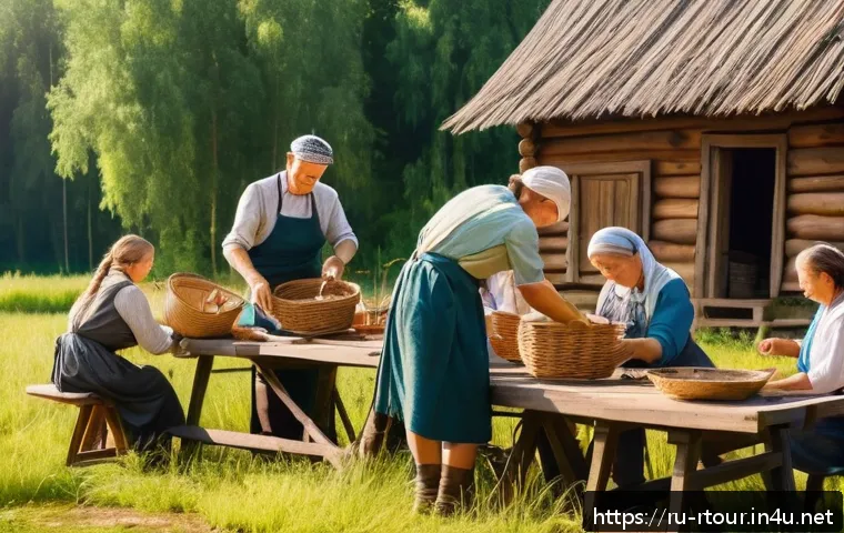 농촌관광기획사 역할과 책임 - A warm, rustic farm workshop scene in the Russian countryside during summer, featuring a diverse gro...
