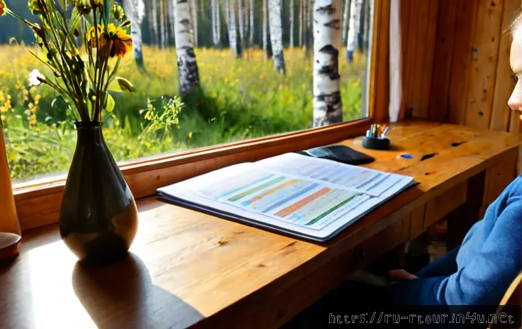 농촌관광기획사 실무에서의 기술 향상 - Photorealistic rural tourism planner at a wooden table inside a cozy Russian countryside guesthouse,...